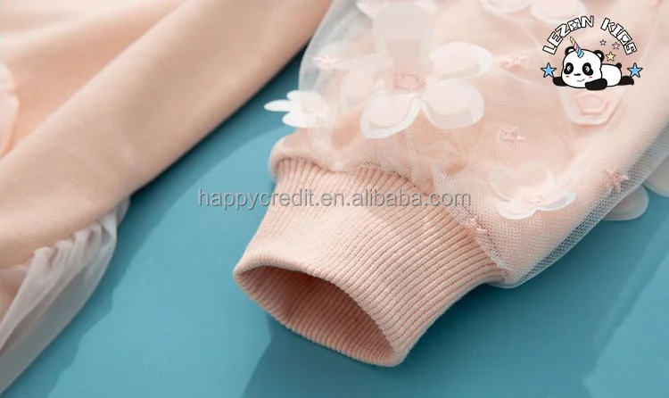 LEZONKIDS - Novos vestidos de meninas com aplicação de flor de tule de manga longa de algodão fofos e soltos para meninas